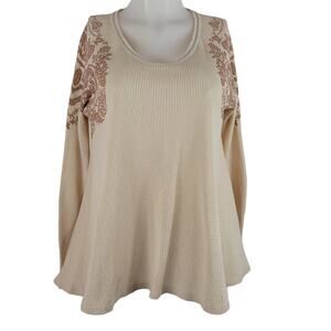 We The Free Beige Scoop Neck Shoulder Design Waffle Knit Long Sleeve Top S